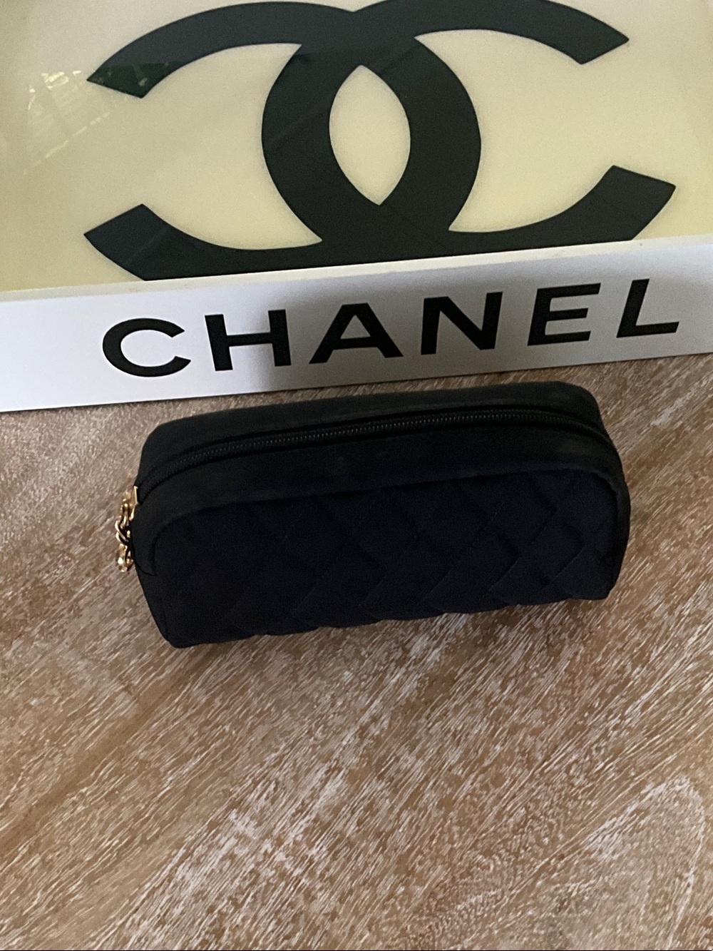 CHANEL Black Quilted Cosmetic Pouch with Gold Zip Pulls